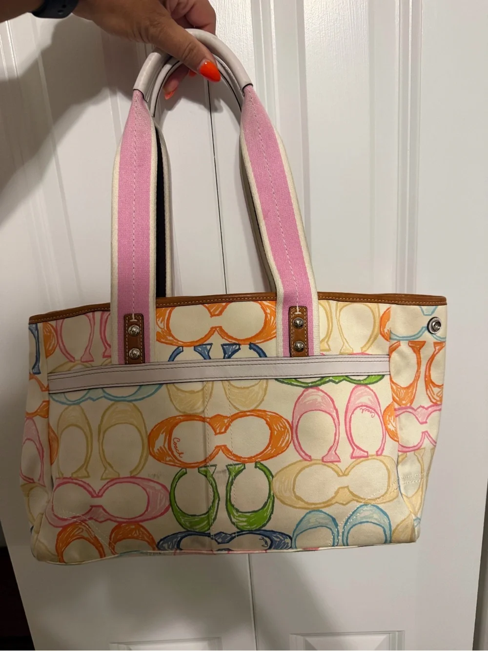 Coach 2007 Scribble Multicolor Tote Pink Trim Handles